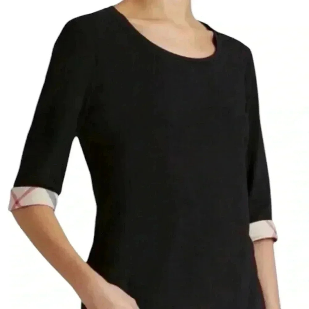 Burberry Brit Black Cotton Nova Check Trim Top size medium 3/4 Sleeve